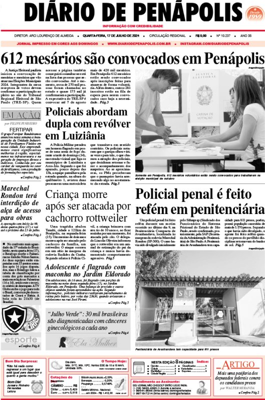 Capa do jornal DIÁRIO impresso desta quarta-feira (17)