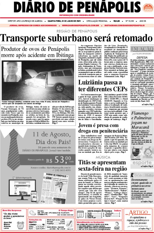 Capa do jornal DIÁRIO impresso desta quarta-feira (31)