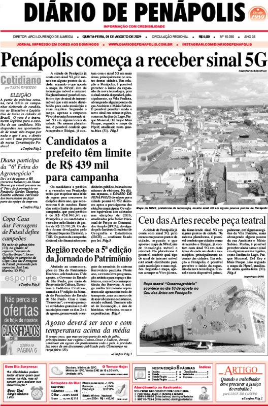 Capa do jornal DIÁRIO impresso desta quinta-feira (01)