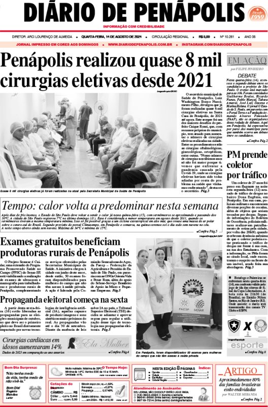 Capa do jornal DIÁRIO impresso desta quarta-feira (14)