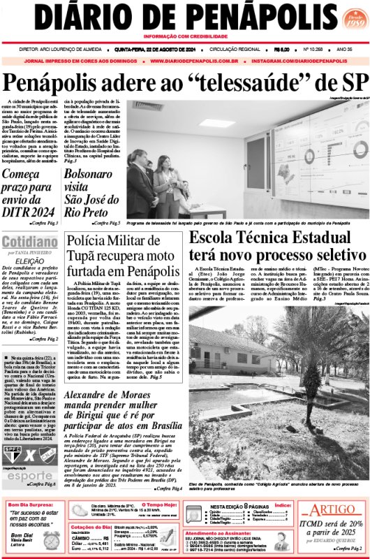 Capa do jornal DIÁRIO impresso desta quinta-feira (22)