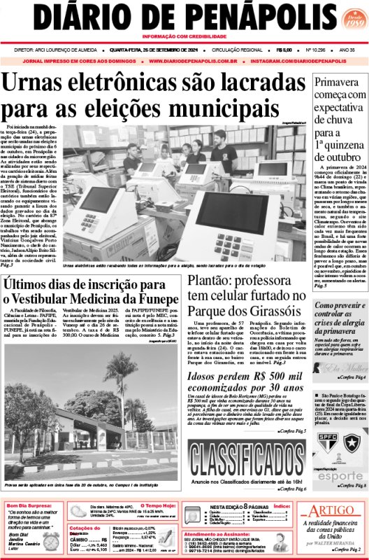 Capa do jornal DIÁRIO impresso desta quarta-feira (25)