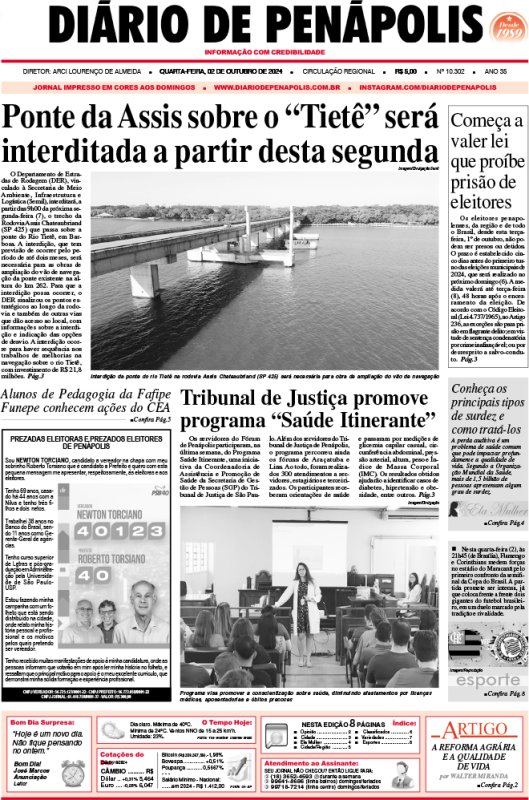 Capa do jornal DIÁRIO impresso desta terça-feira (02)