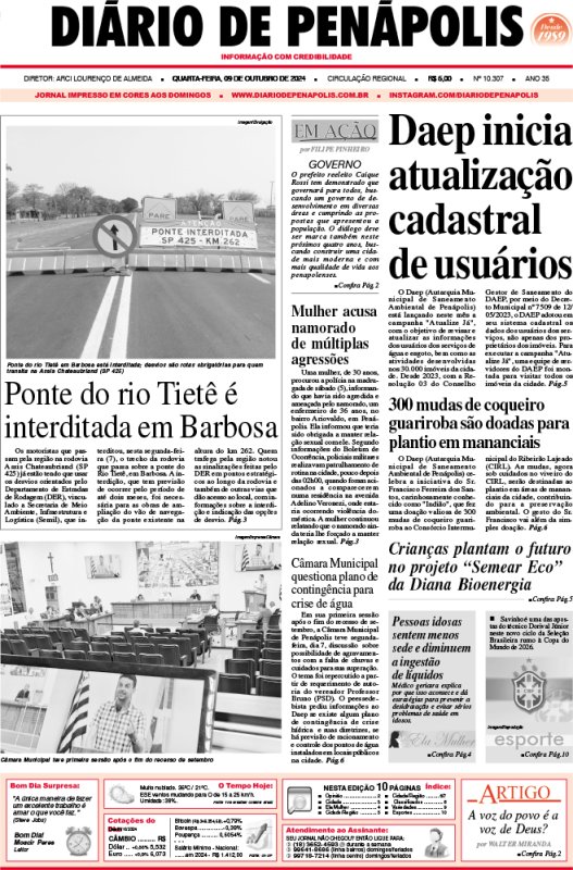 Capa do jornal DIÁRIO impresso desta quarta-feira (09)