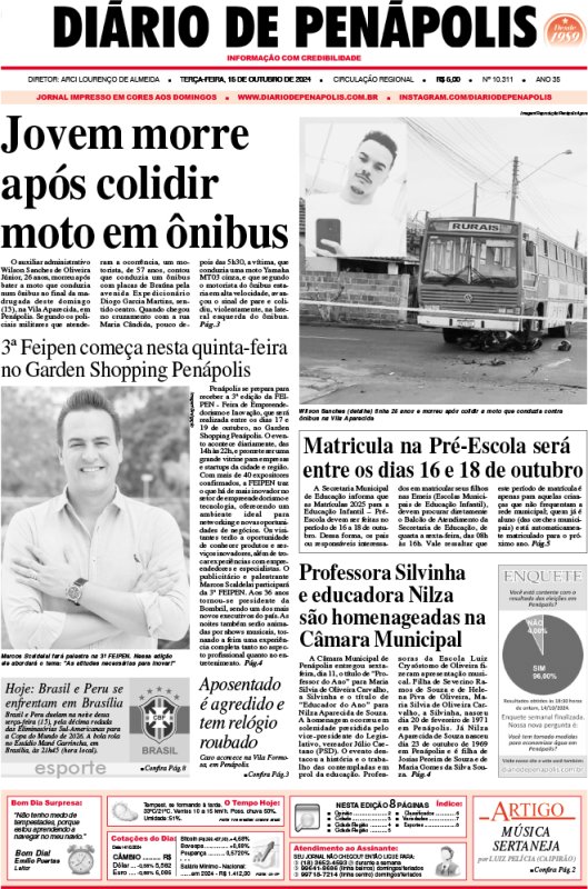 Capa do jornal DIÁRIO impresso desta terça-feira (15)