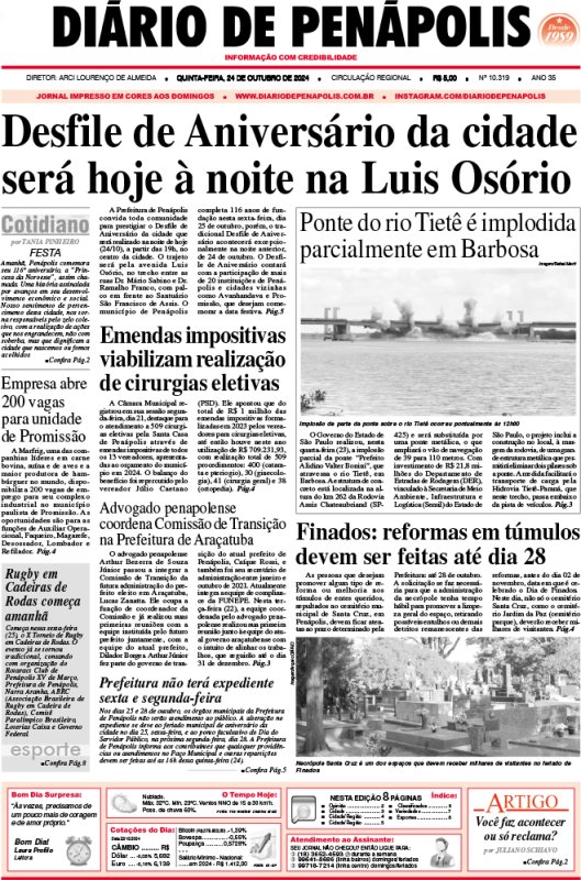 Capa do jornal DIÁRIO impresso desta quinta-feira (24)