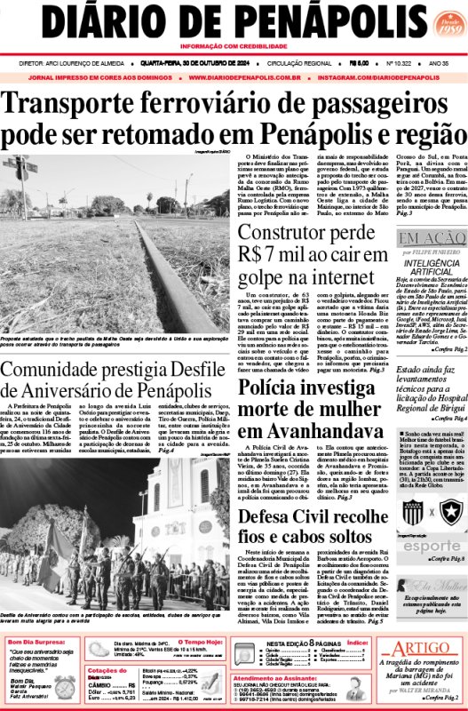 Capa do jornal DIÁRIO impresso desta quarta-feira (30)