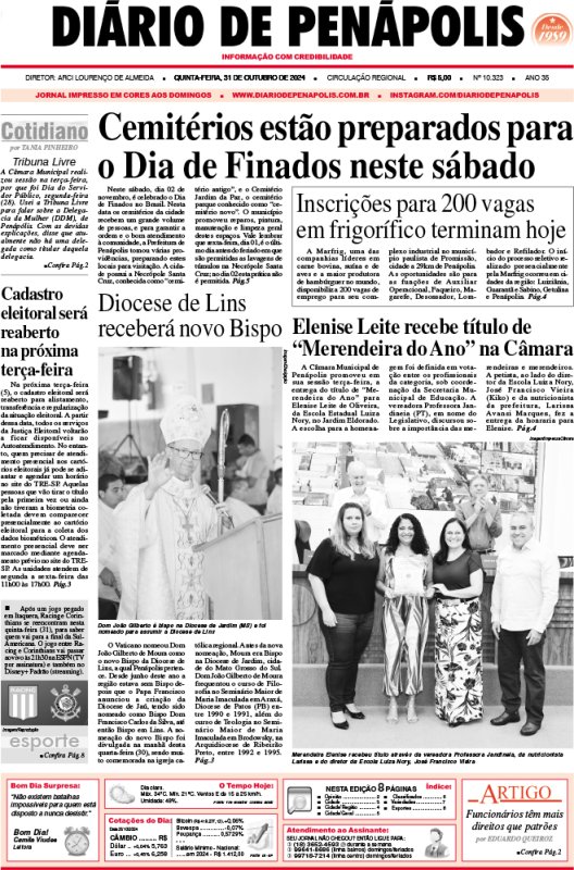 Capa do jornal DIÁRIO impresso desta quinta-feira (31)