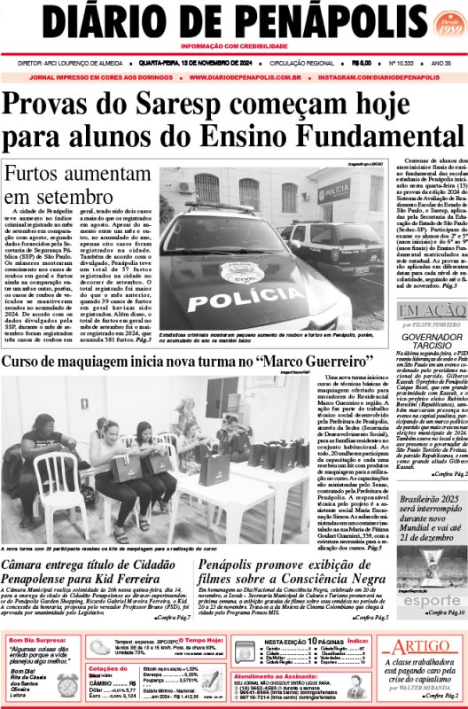 Capa do jornal DIÁRIO impresso desta quarta-feira (13)