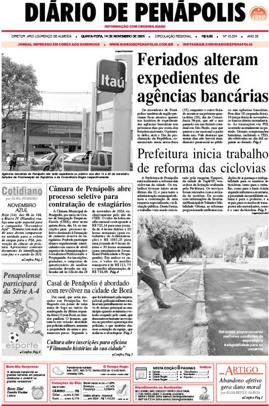 Capa do jornal DIÁRIO impresso desta quinta-feira (14)